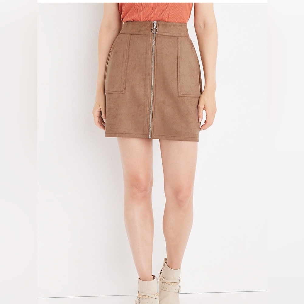 Faux suede zipper front skirt